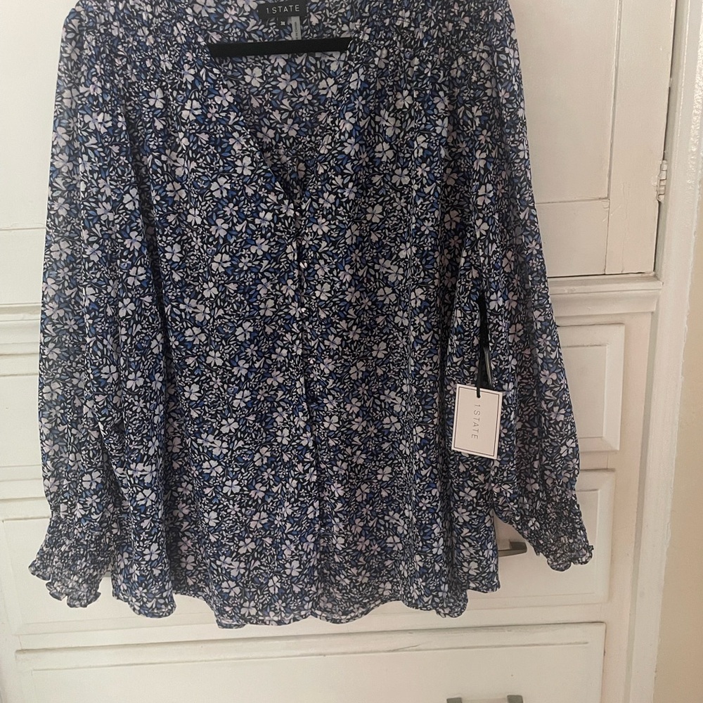 Blue Floral Ruffled Long Sleeve Blouse